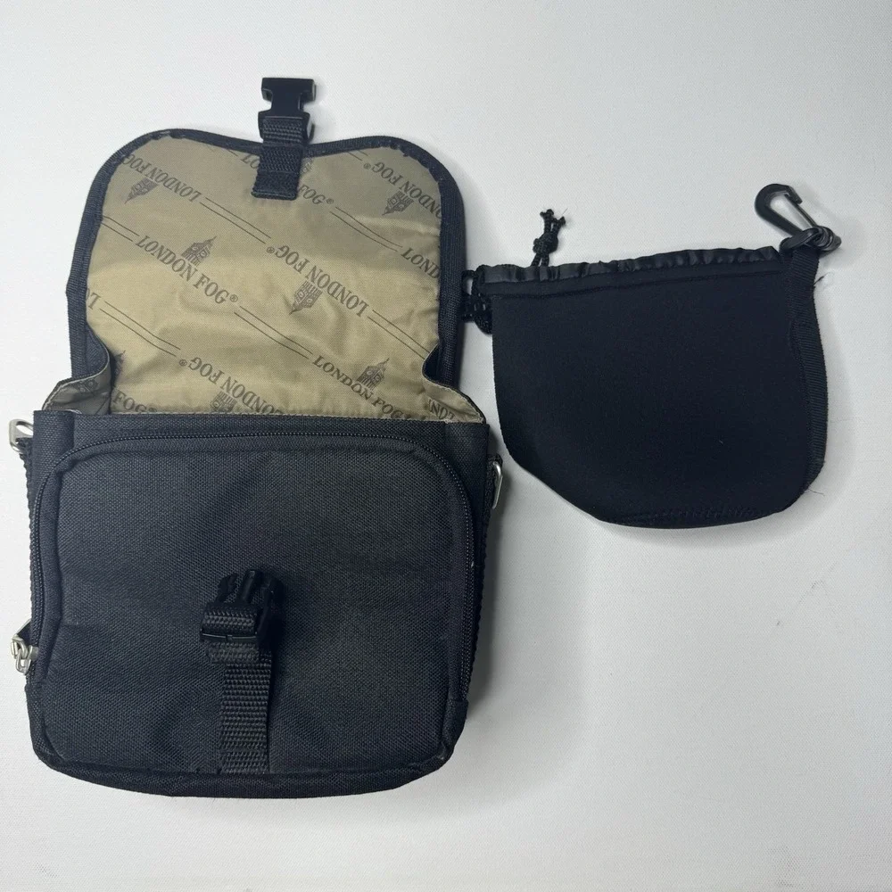 London Fog Black Canvas Camera Travel Bag w/Strap, Pockets & Adj Compartments